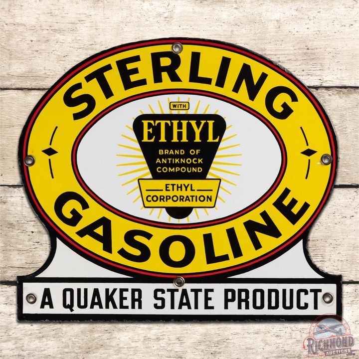 Exceptional Sterling Ethyl Gasoline "A Quaker State Product" Single Sided Porcelain Pump Plate Sign
