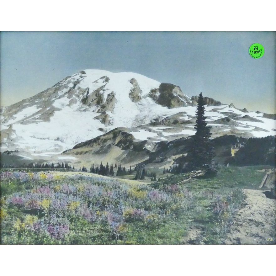 Attributed to Asahel Curtis ''Mount Rainier'' Tinted Photograph in Piecrust