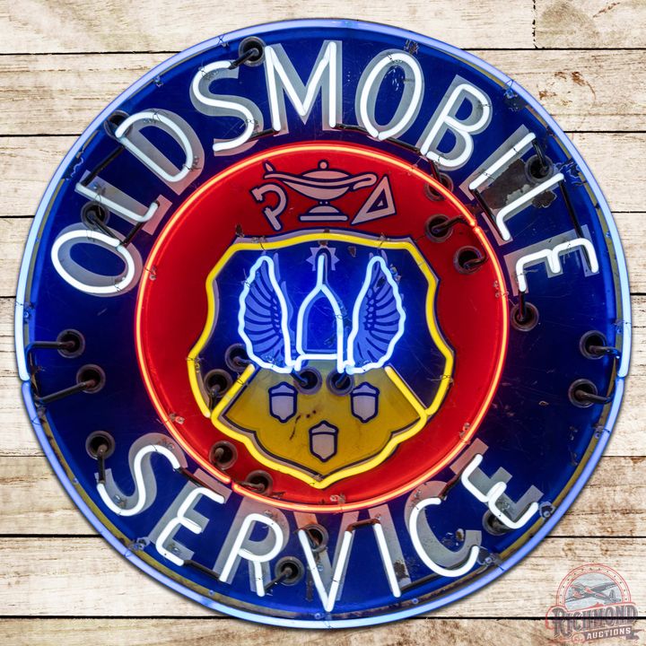 Oldsmobile Service 42" SS Porcelain Neon Sign w/ Flashing Crest Logo