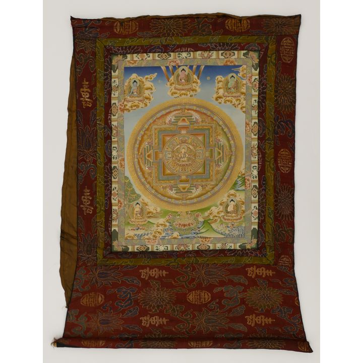 Old Tibetan Painted Thangka Silk Mounted 38''x32''
