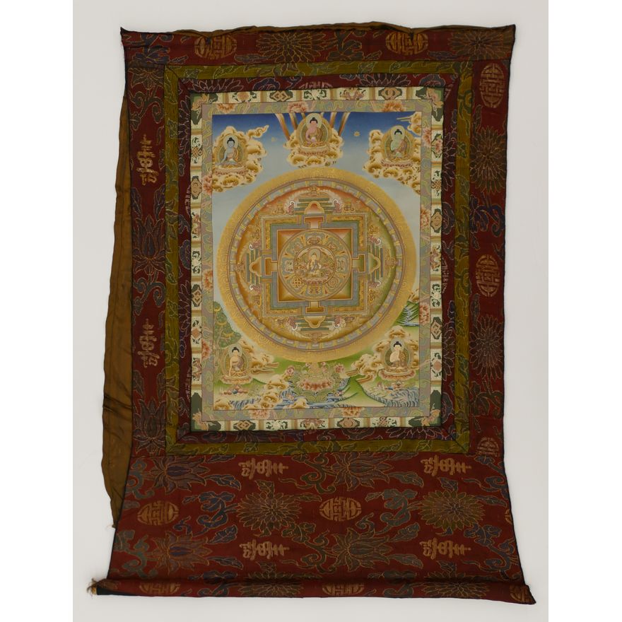 Old Tibetan Painted Thangka Silk Mounted 38''x32''