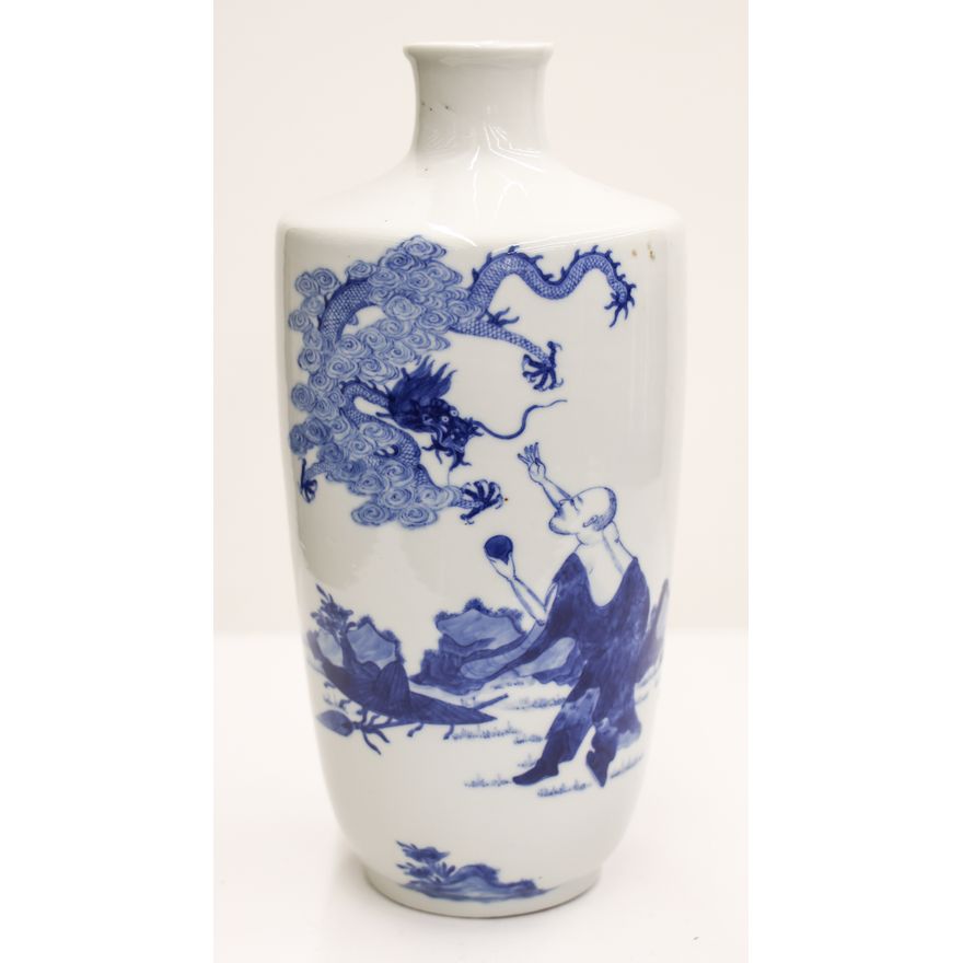 Chinese Blue & White Dragon with Monk Vase