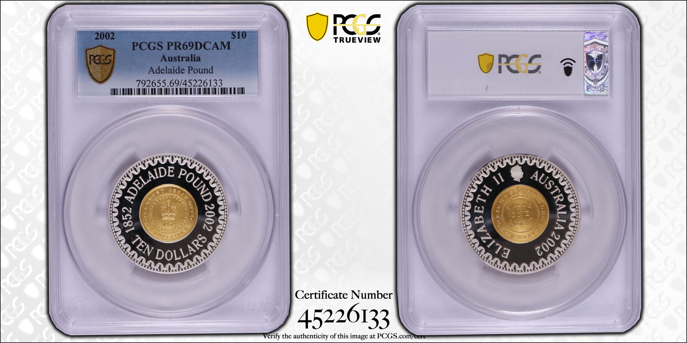 Elizabeth II, RAM - 1852 Adelaide Pound, Ten Dollars, 2002, PCGS PR69DCAM
