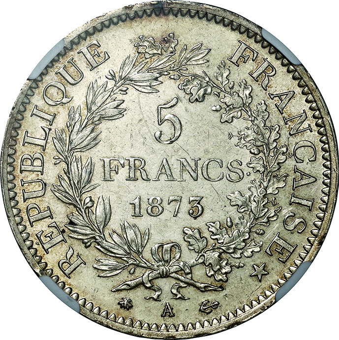 《1876年 フランス共和国 5フラン銀貨 ヘラクレス立像 フランス(France)/ ヘラクレス立像 5フラン銀貨 1873年(A) KM820