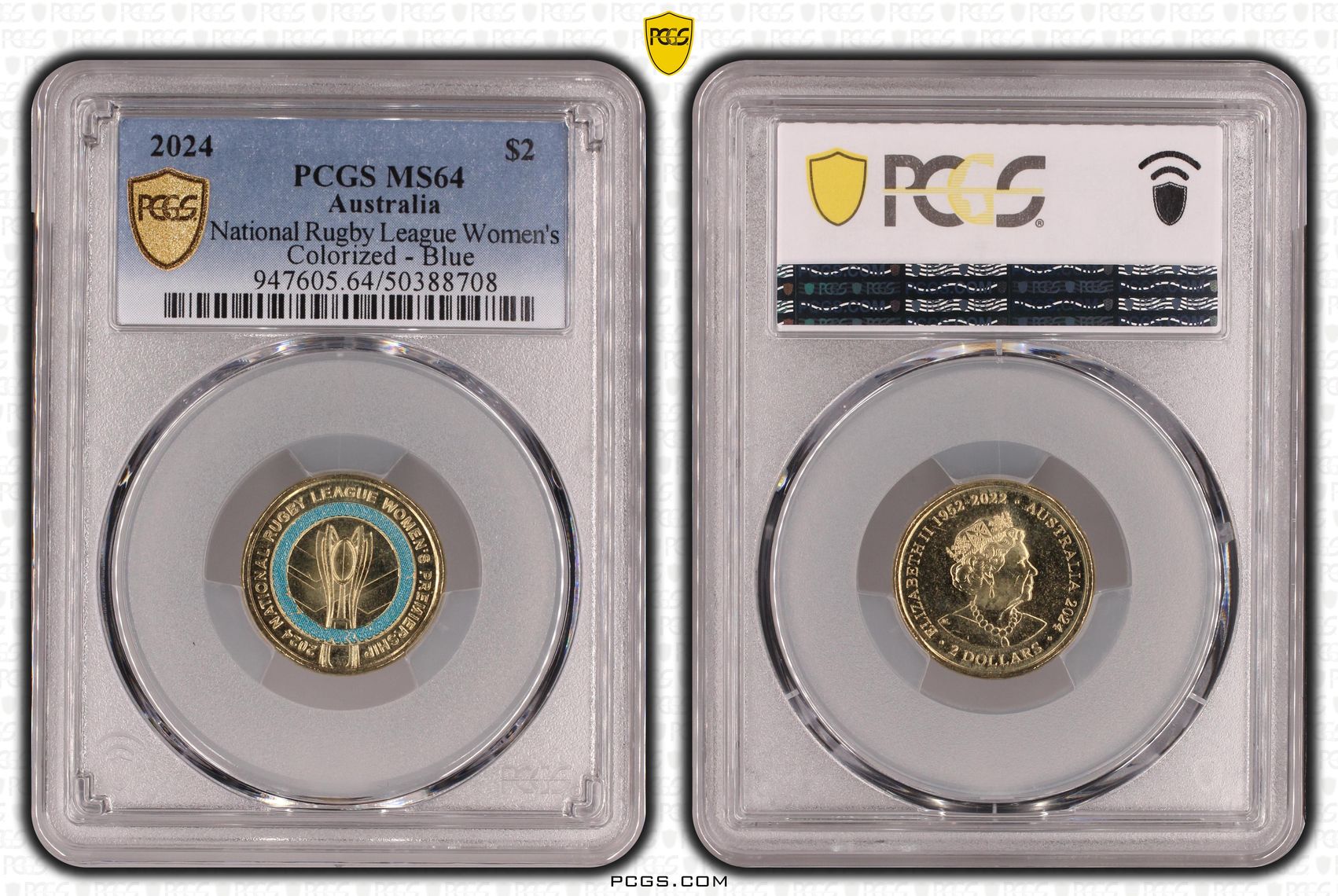Elizabeth II, National Rugby League Women's Colorized - Blue , Two Dollar, 2024, PCGS MS64