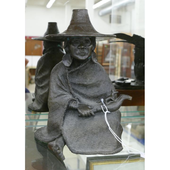 Robert Cavanaugh Seated Native with Rattle Indian Bronze Sculpture- 8.5''