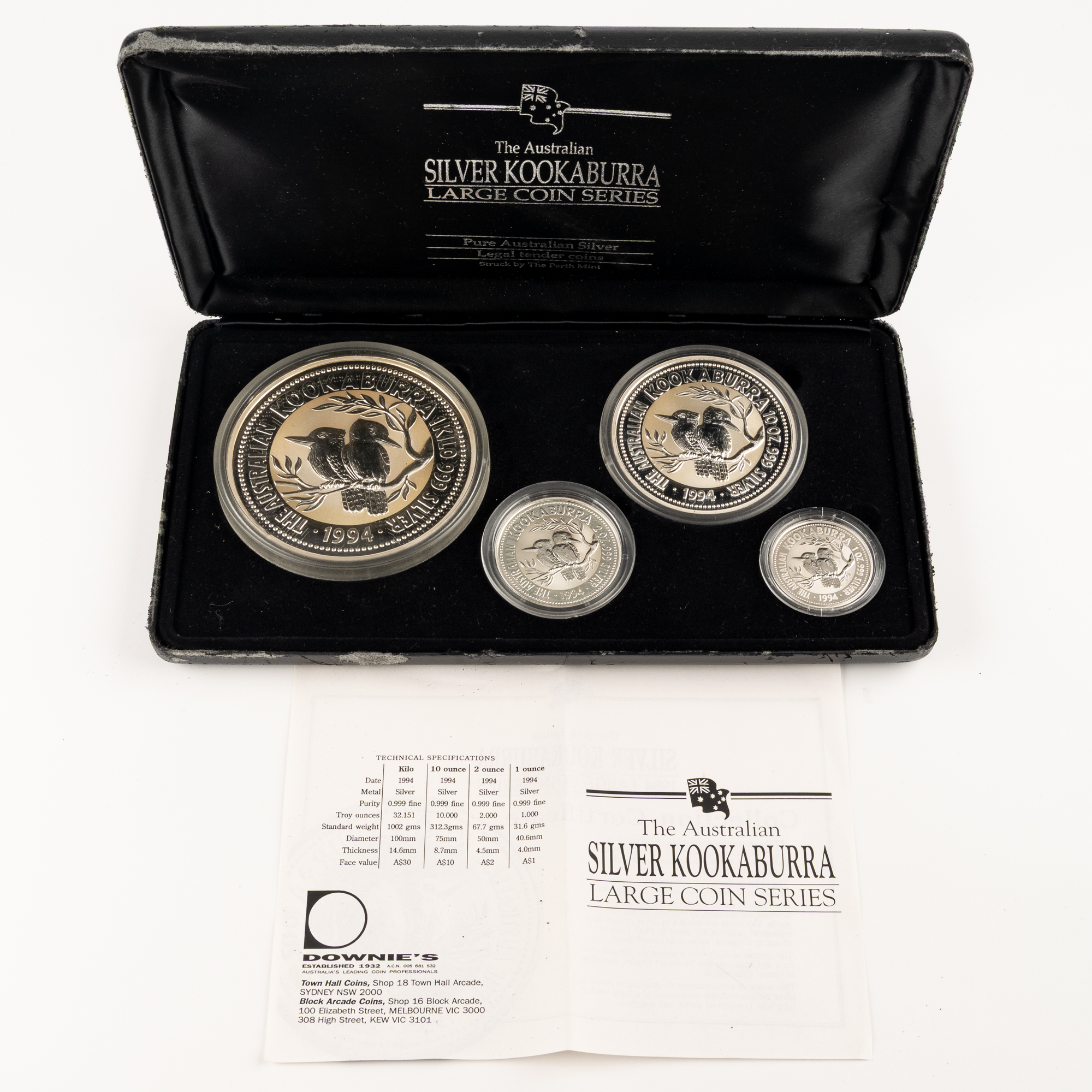 Elizabeth II, Perth Mint- Kookaburra Silver Proof Four Coin Set, One dollar - Thirty Dollars, 1994, UNC - Proof