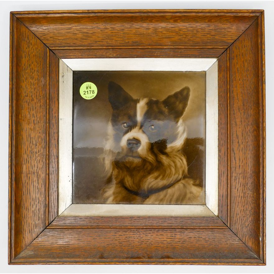 Antique Majolica Dog Portrait Tile Framed 10''x10''