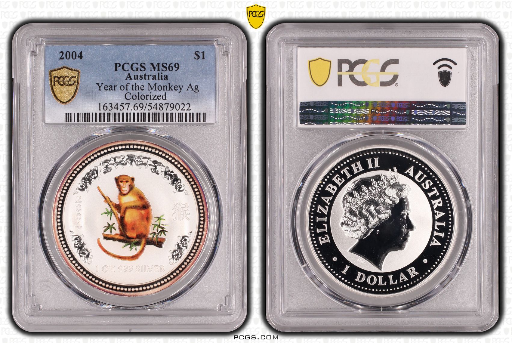 Year of the Monkey Ag Colorized, One Dollar, 2004, PCGS MS69