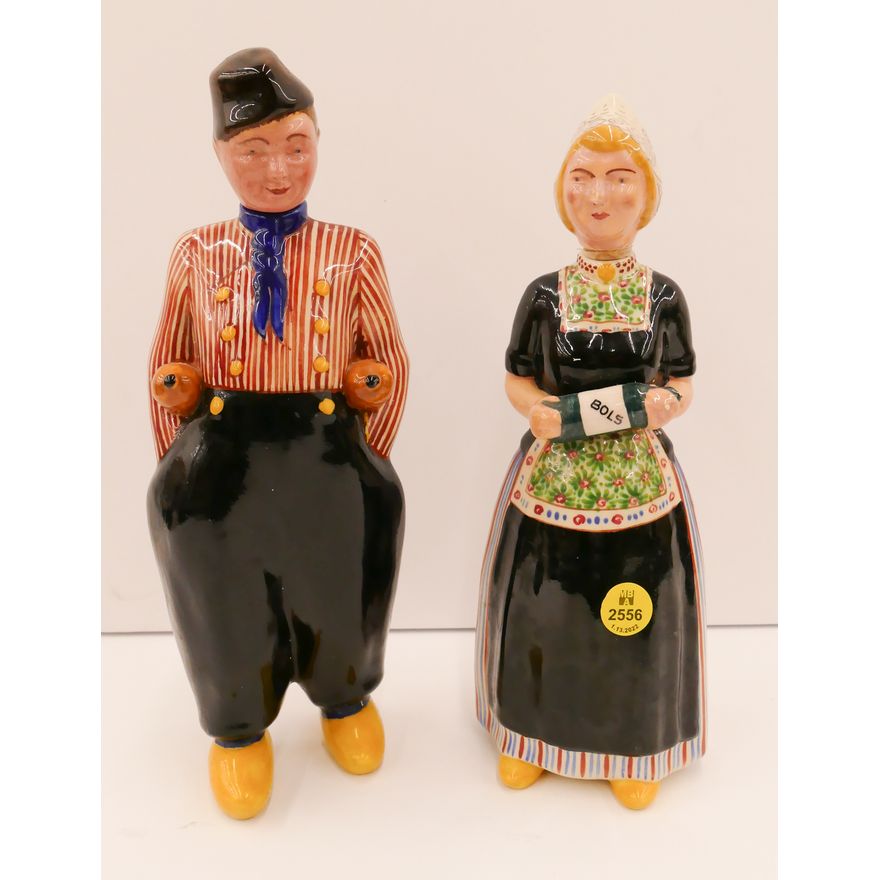 Pair Dutch Porcelain Figural Boy & Girl Decanters- 10''- some damage