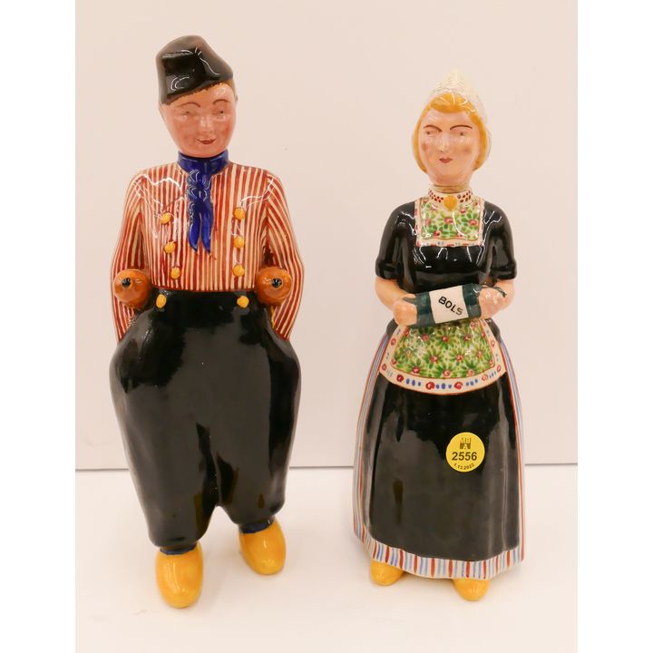 Pair Dutch Porcelain Figural Boy & Girl Decanters- 10''- some damage