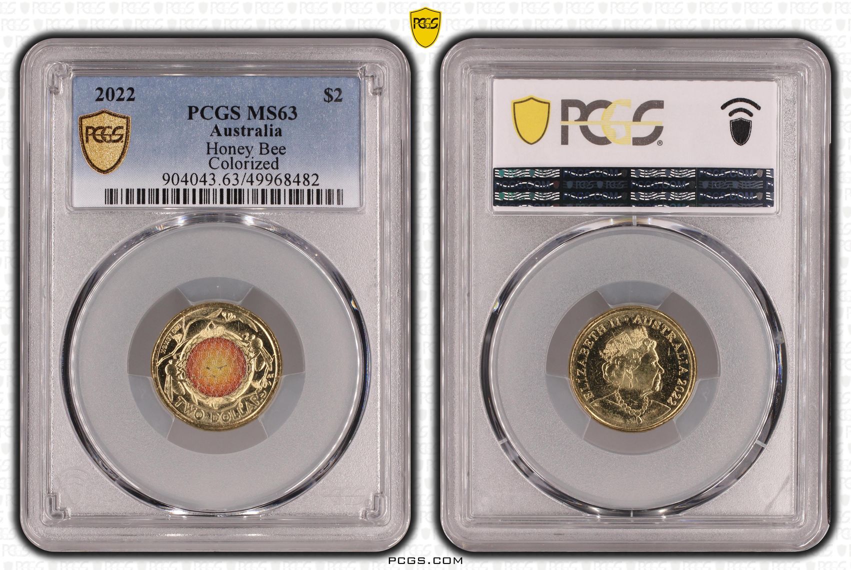 Honey Bee Colourised, Two Dollar, 2022, PCGS MS63