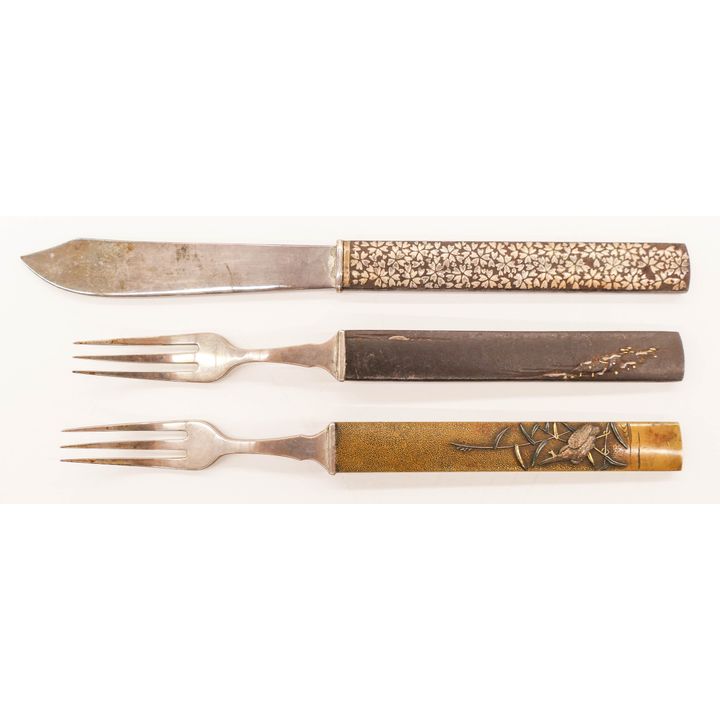 3pc Old Japanese Inlaid Steel Kozuka Handle Flatware