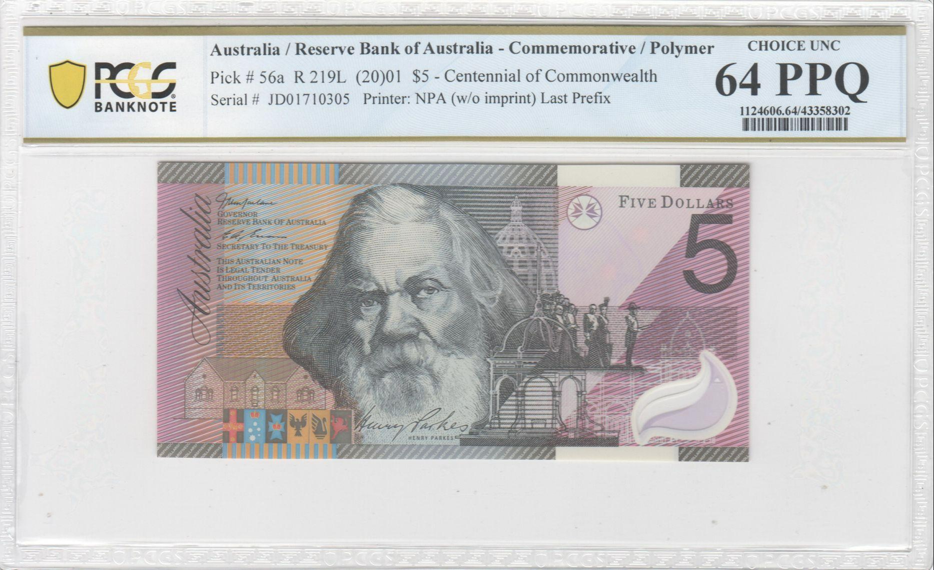 128 · RBA, NPA (w/o imprint), Centennial of Commonwealth, Last Prefix, Five Dollar, 2001, PCGS - Choice UNC 64 PPQ