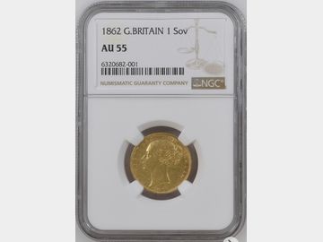 1862 VICTORIA YOUNG HEAD LONDON MINT SHIELD GOLD SOVEREIGN AU55