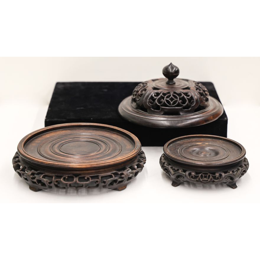 3pc Chinese Rosewood Jar Stands & Cover