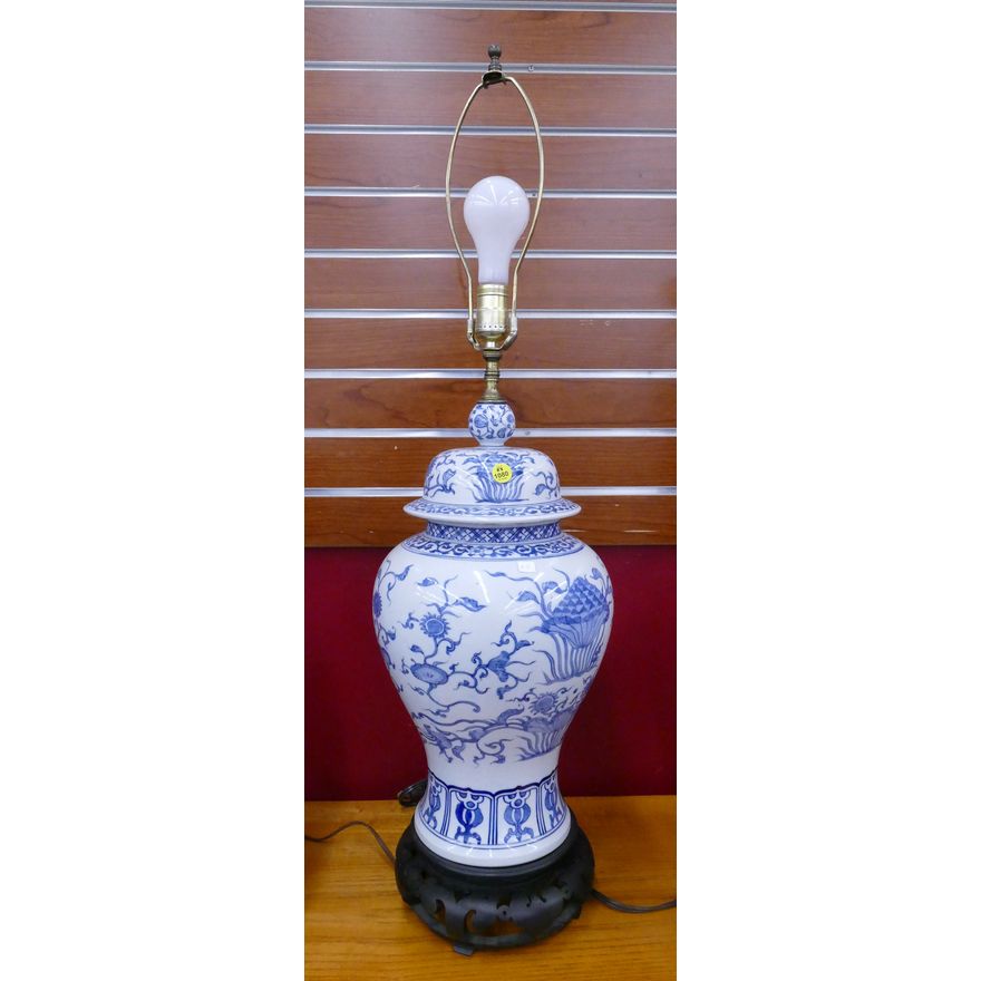Chinese B&W Lotus Table Lamp- 34''