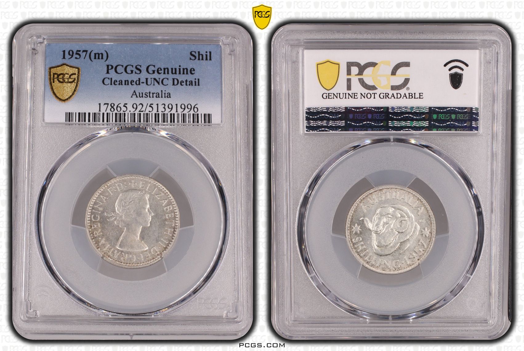 Elizabeth II, Shilling, 1957(m), PCGS Genuine - UNC Details (92 - Cleaned)
