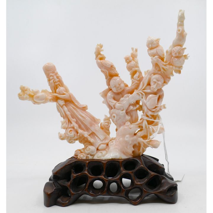 Chinese Carved Pink Coral Figure Group with Monkey 7''x7''