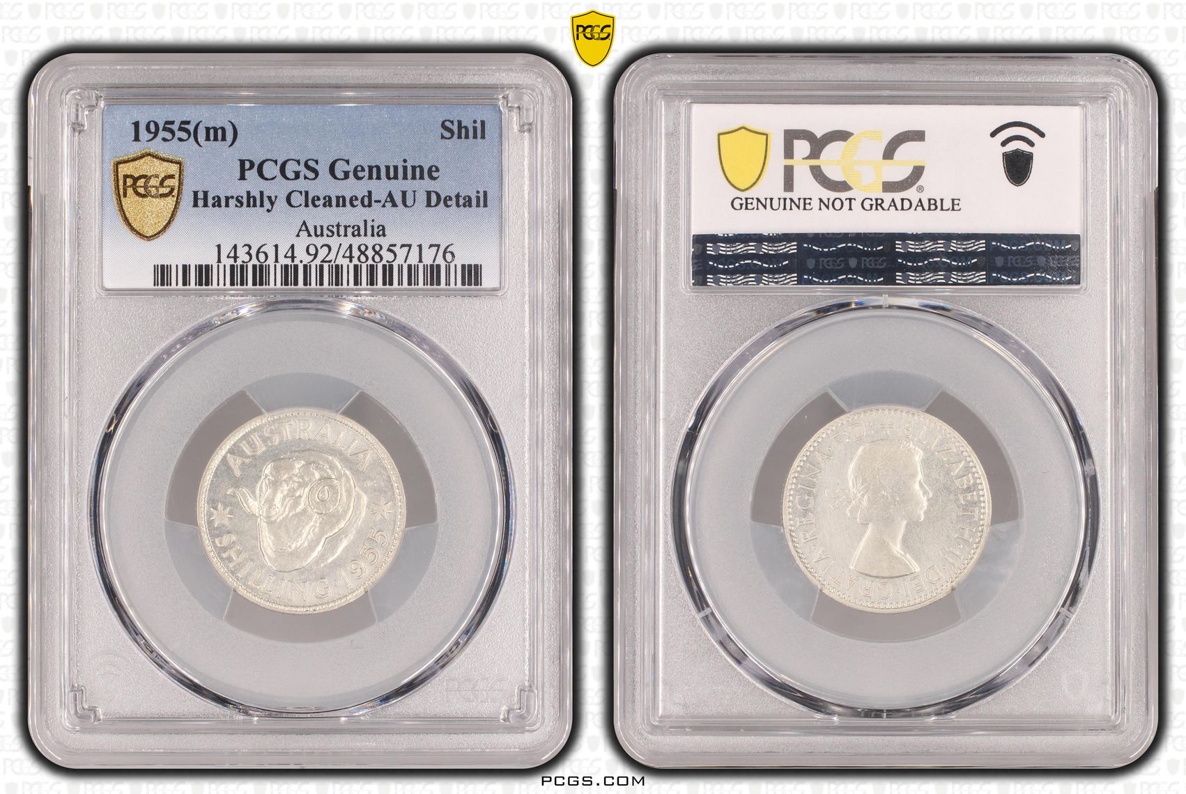 168 · Shilling, 1955(m), PCGS Genuine  - AU Details (92 - Cleaned)