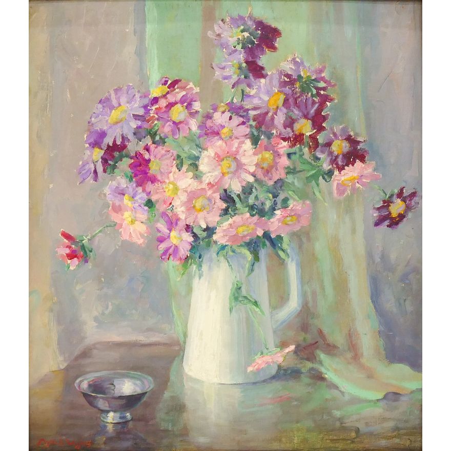 Myra Wiggins ''Pitcher of Daisies'' Oil on Board 20''x18'' Image.