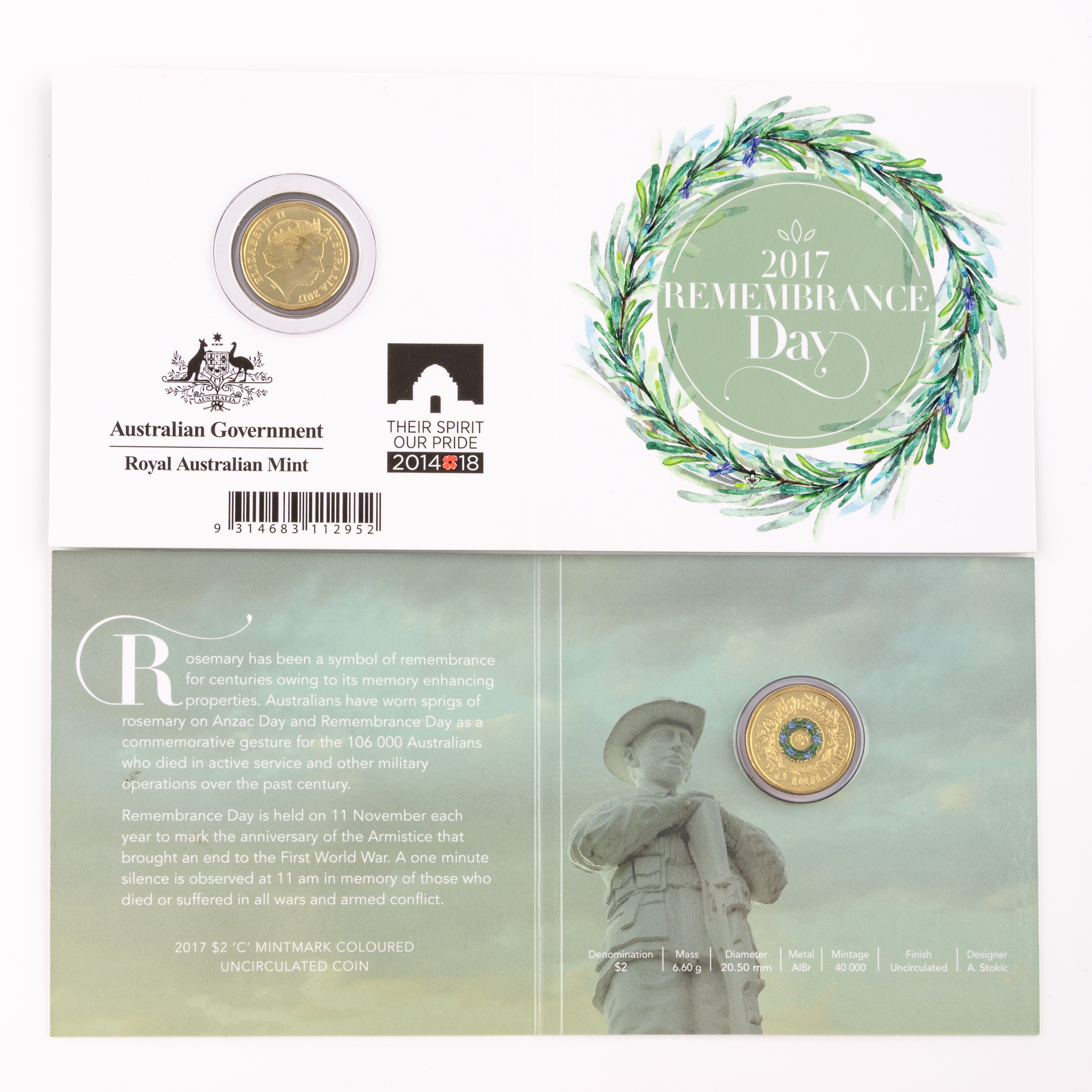 247 · Elizabeth II, Remembrance Day Carded Coin, Two Dollar, 2017-C,  UNC