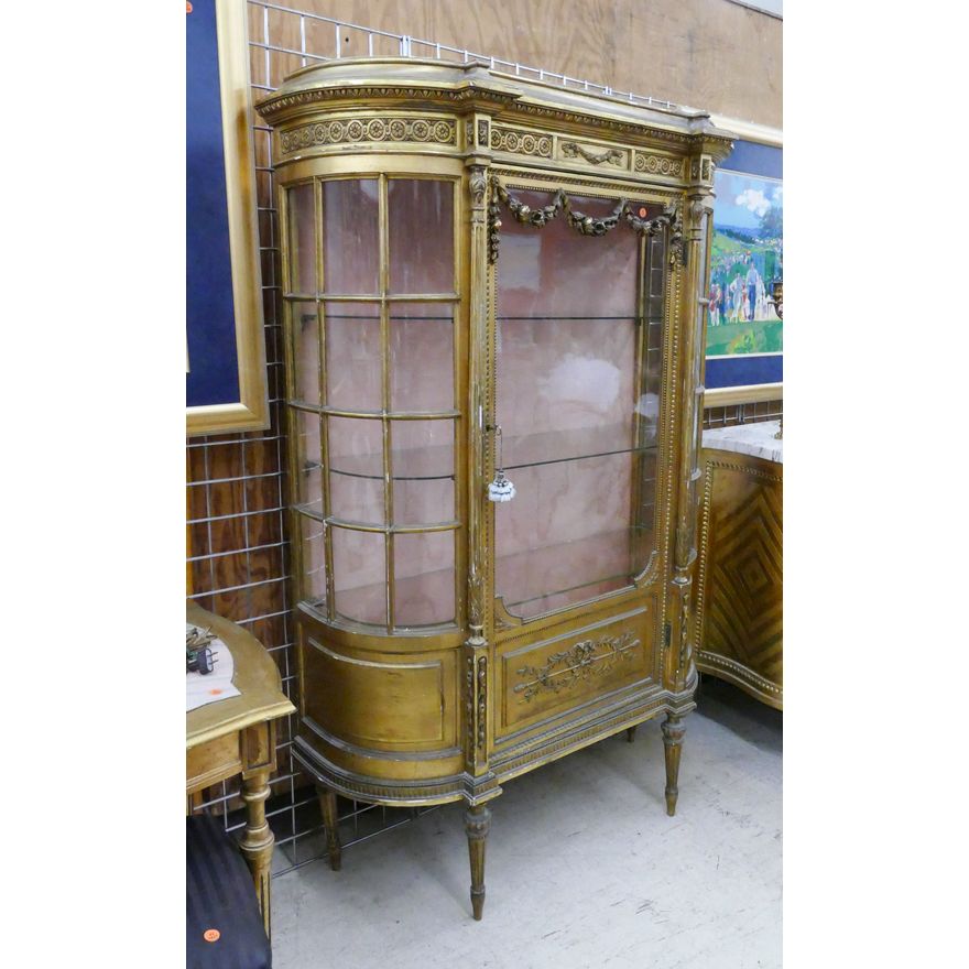 French Gilt Carved Curve Front Vitrine Cabinet- 67x42x16''