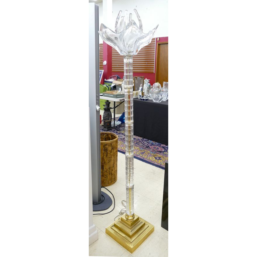 Modernist Crystal & Brass Flowering Floor Lamp 66''x14''