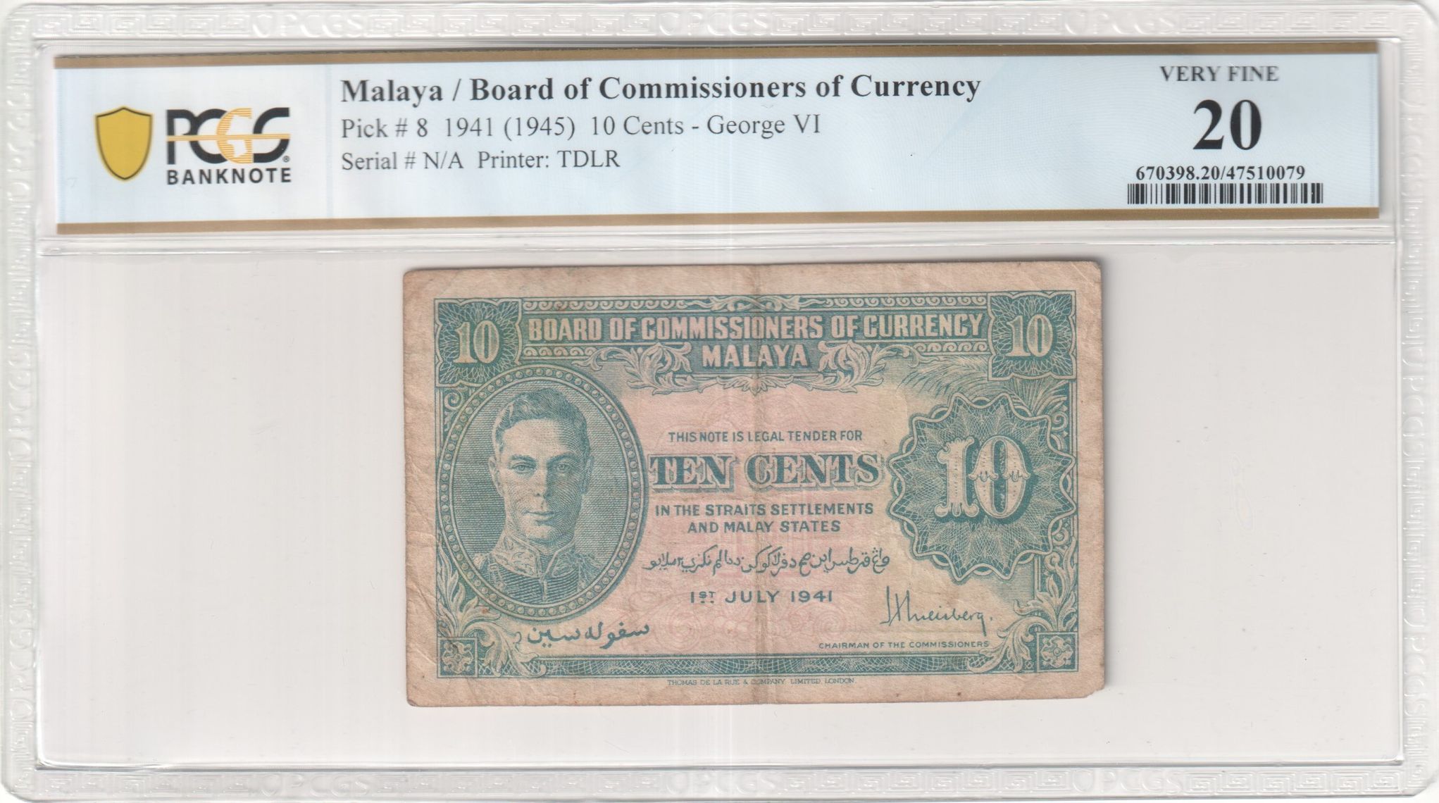 Malaya, Ten Cents, 1947 (1945), PCGS Very Fine 20