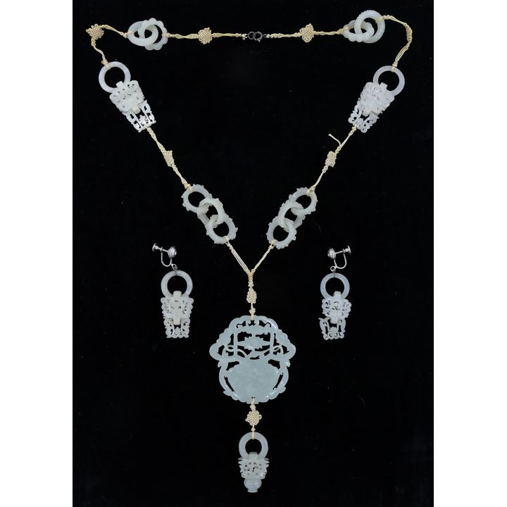2pc Chinese Qing Jade Necklace and Earring Set