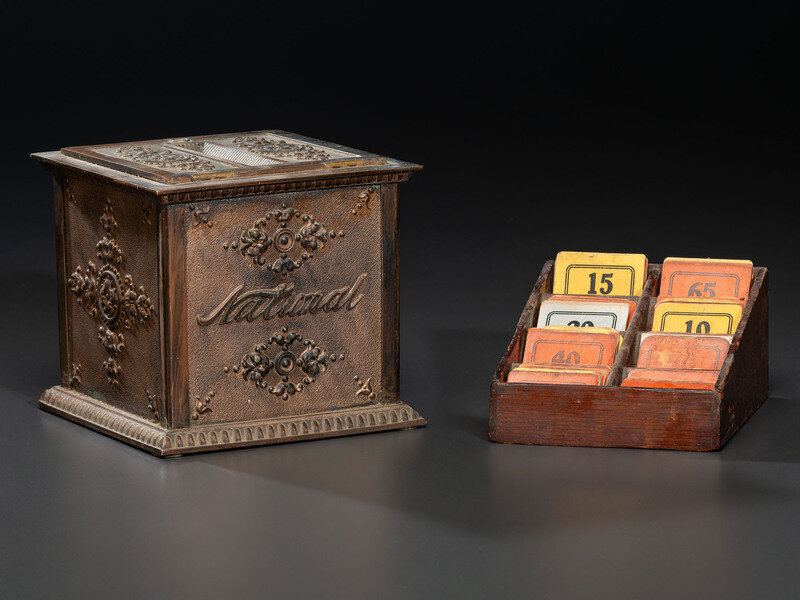 A National Cash Register Embossed Brass and Glass Ticket Receipt Box