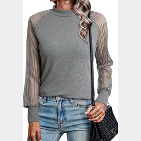 DOKOTOO WOMENS FALL CREWNECK MESH LACE LONG SLEEVE RIBBED KNIT BLOUSES SOLID COLOR PULLOVER TOPS GRAY, M