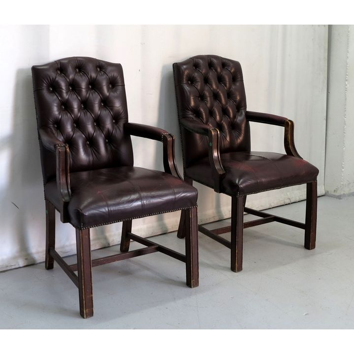 PAIR OF LEATHER BUTTON UPHOLSTERED OPEN ARMCHAIRS