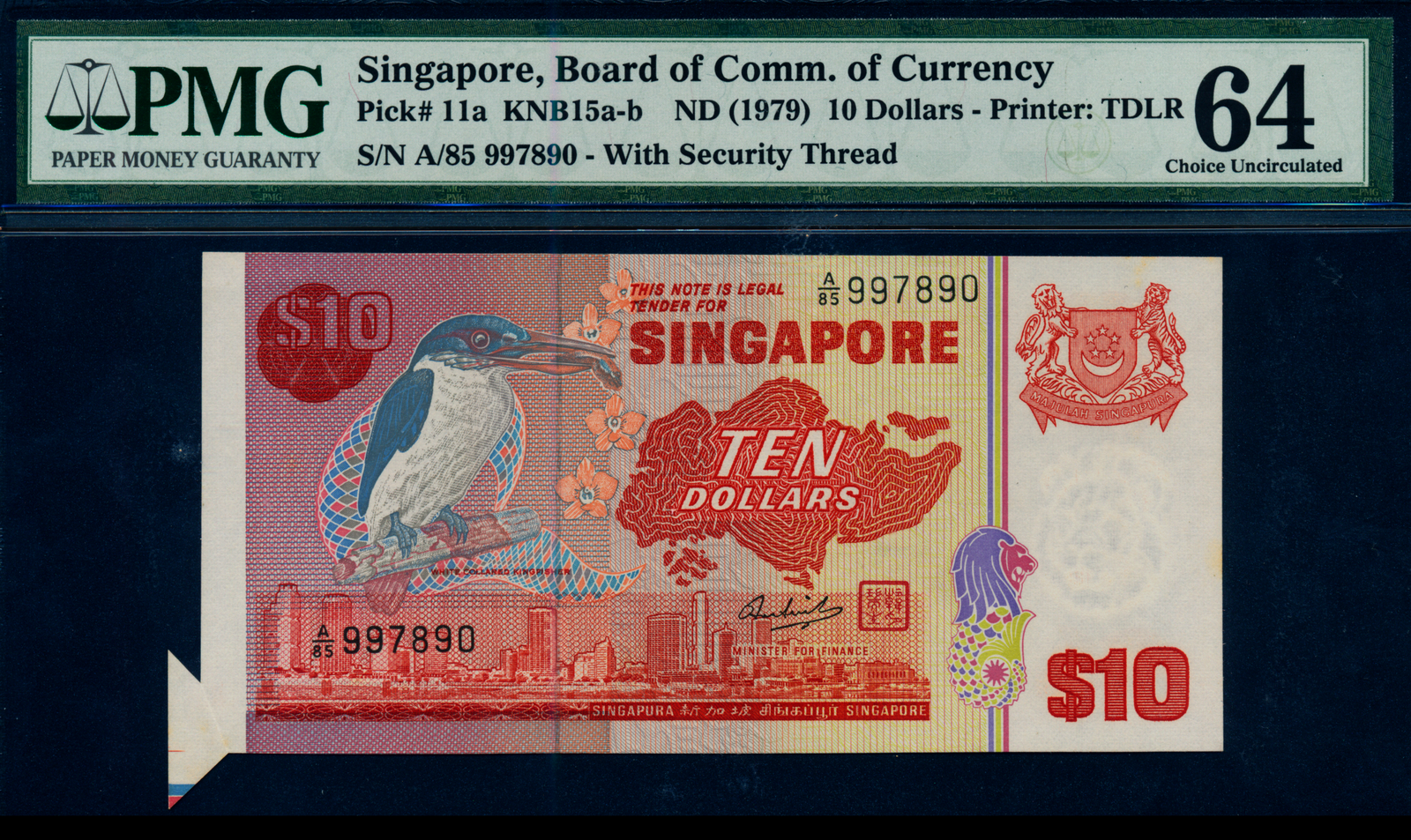 Singapore Bird 1980 $10 Printing Error Note A/85 997890 PMG 64 