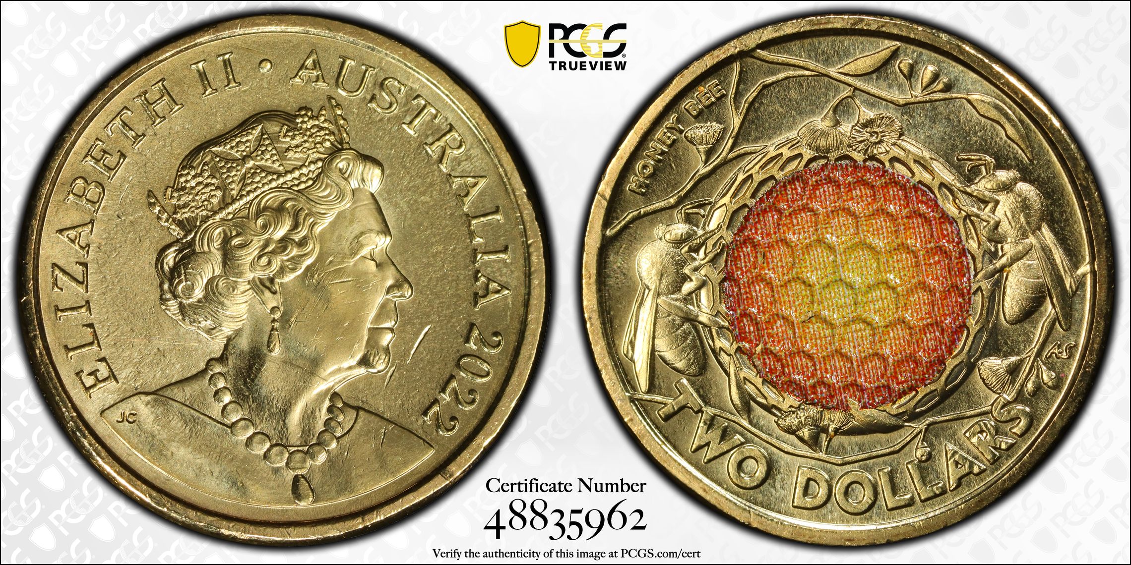 Elizabeth II, Honey Bee Colorized, Two Dollar, 2022, PCGS Genuine - UNC Details (95 - Scratch)