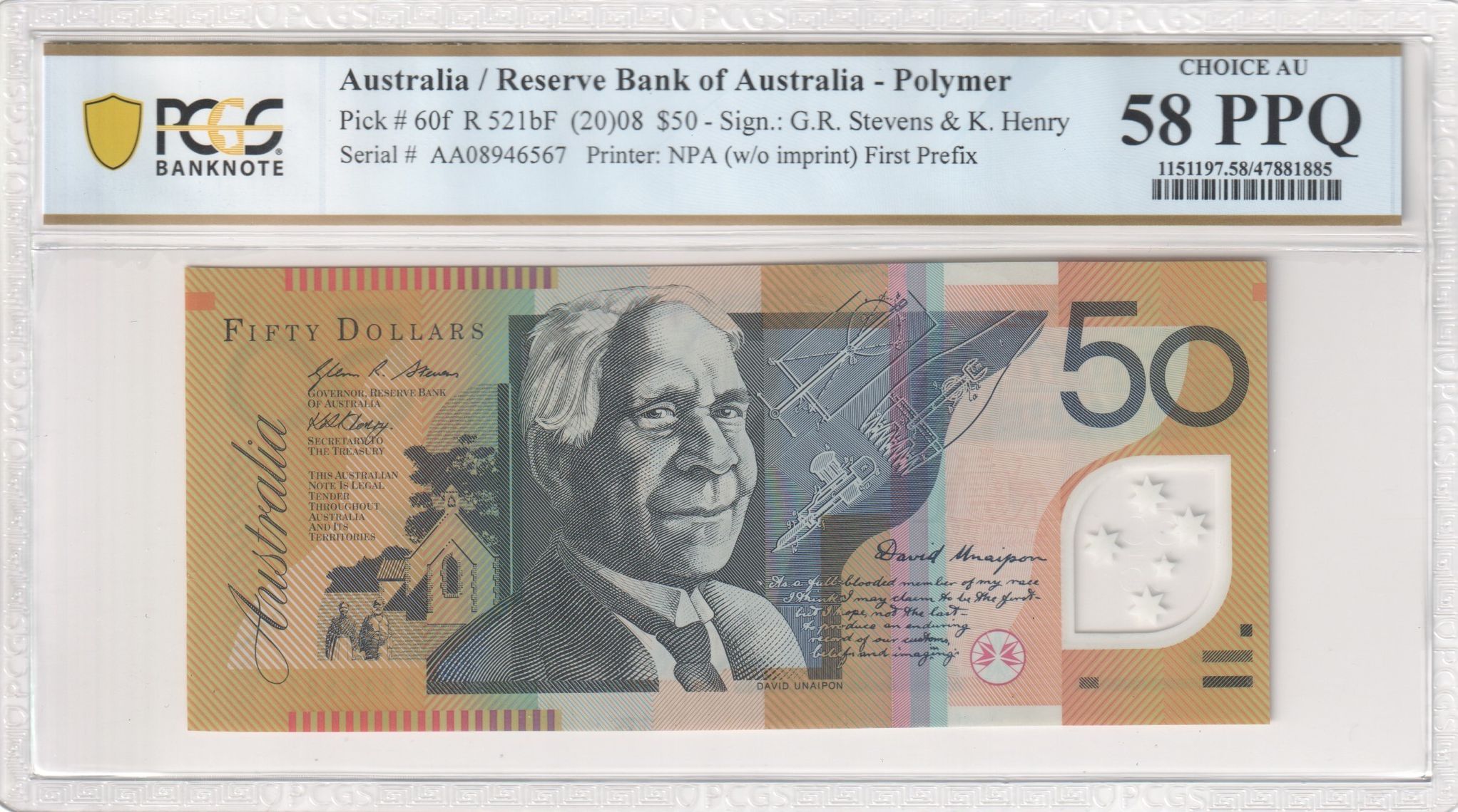 Stevens/Henry, First Prefix, Fifty Dollar, 2008, PCGS Choice AU 58 PPQ