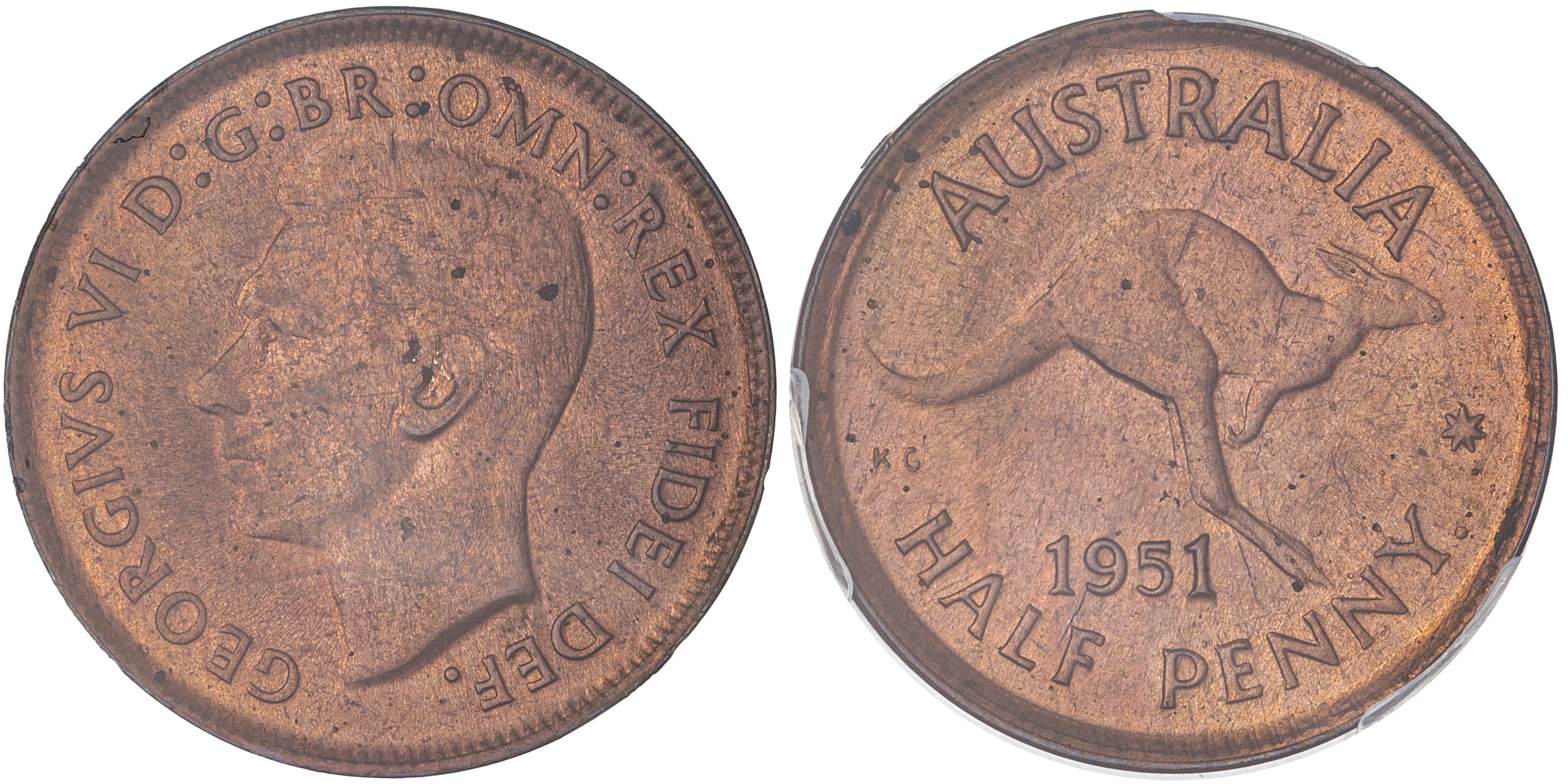George VI, With dot, POP 2/0, Halfpenny, 1951-Y., PCGS MS65RB