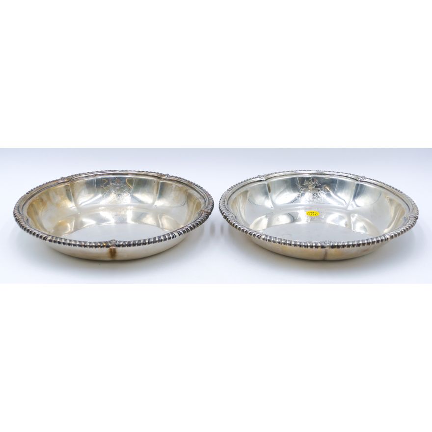 Pair Heavy English Sterling Armorial Bowls by Charles Stuart Harris