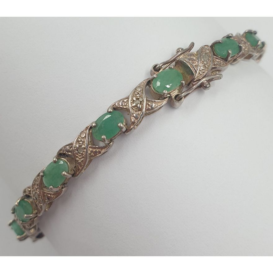 Stg. Silver Emerald & Diamond Bracelet
