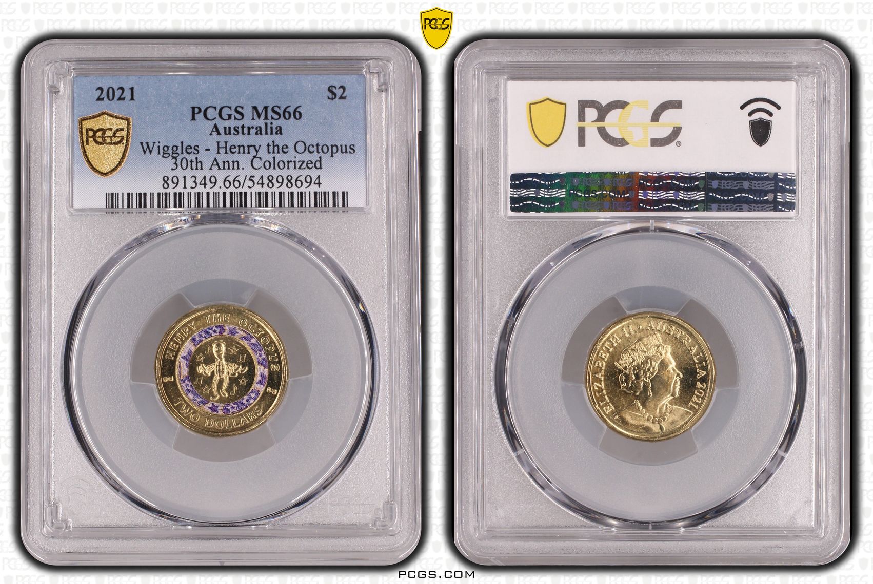 Wiggles - Henry the Octopus 30th Ann. Colourised, Two Dollar, 2021, PCGS MS66