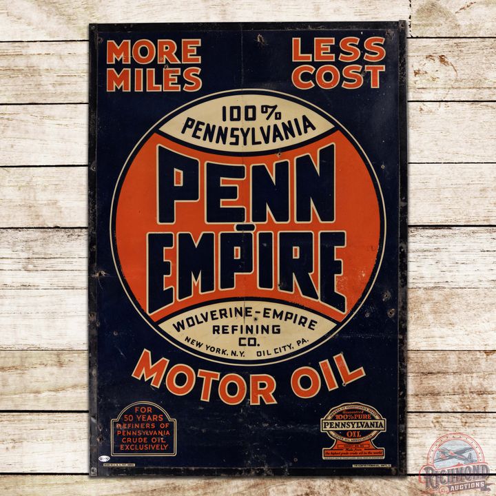 Penn Empire Wolverine Empire Refining Co Motor Oil SS Masonite Sign