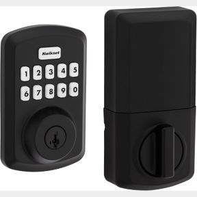 TRANSITIONAL KWIKSET POWERBOLT 250 10-BUTTON KEYPAD MATTE BLACK TRANSITIONAL ELECTRONIC DEADBOLT DOOR LOCK, FEATURING CONVENIENT K