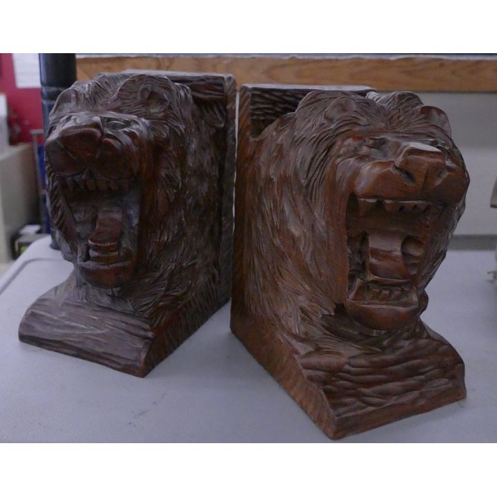 Pair Carved Wood Lion Bookends- 8.5''