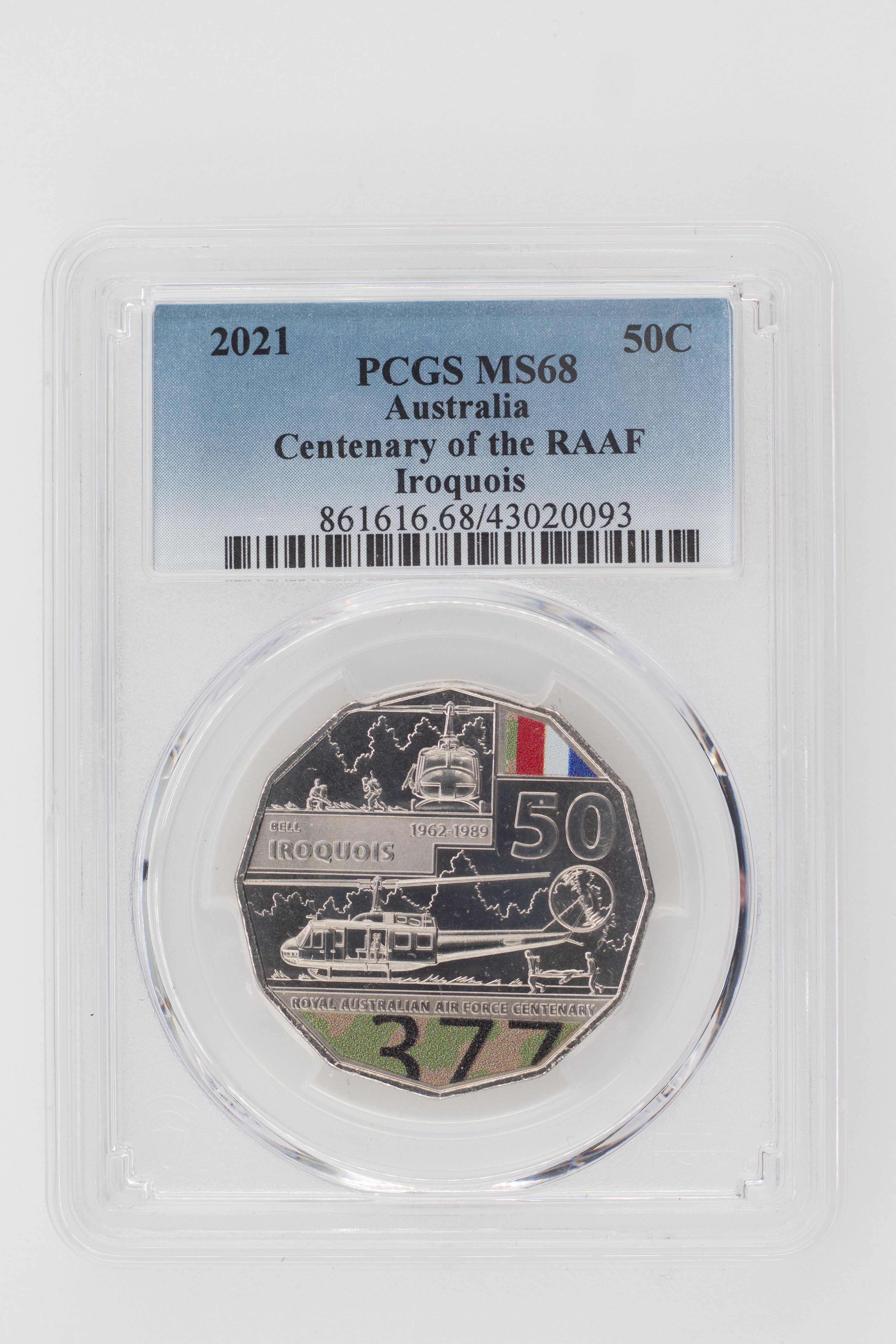 2021 Australia Fifty Cent, 50c Centenary of the RAAF Iroquois PCGS - MS68 -093