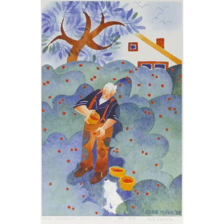 Rie Munoz "Best Raspberry Patch In Town" 1995 Signed Print 15" x 11.25" Sheet.