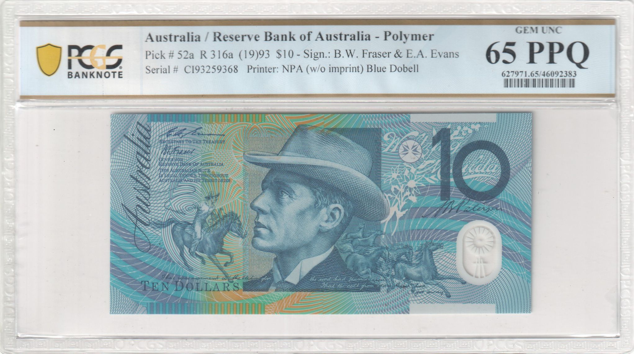 1993 $10 Fraser/Evans Gem Unc 65 PPQ