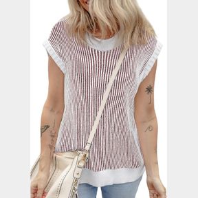 EVALESS SWEATER TANK TOPS FOR WOMEN SUMMER CAP SLEEVE STRIPED CREW NECK LOOSE FIT KNIT LIGHTWEIGHT VEST PULLOVER TOP SZ XLG