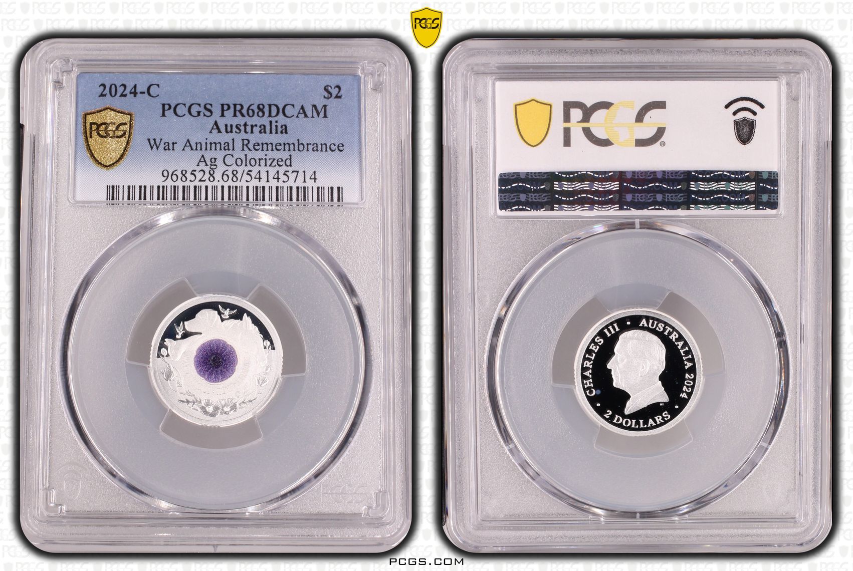 War Animal Remembrance Silver Colourised, Two Dollar, 2024-C, PCGS PR68DCAM