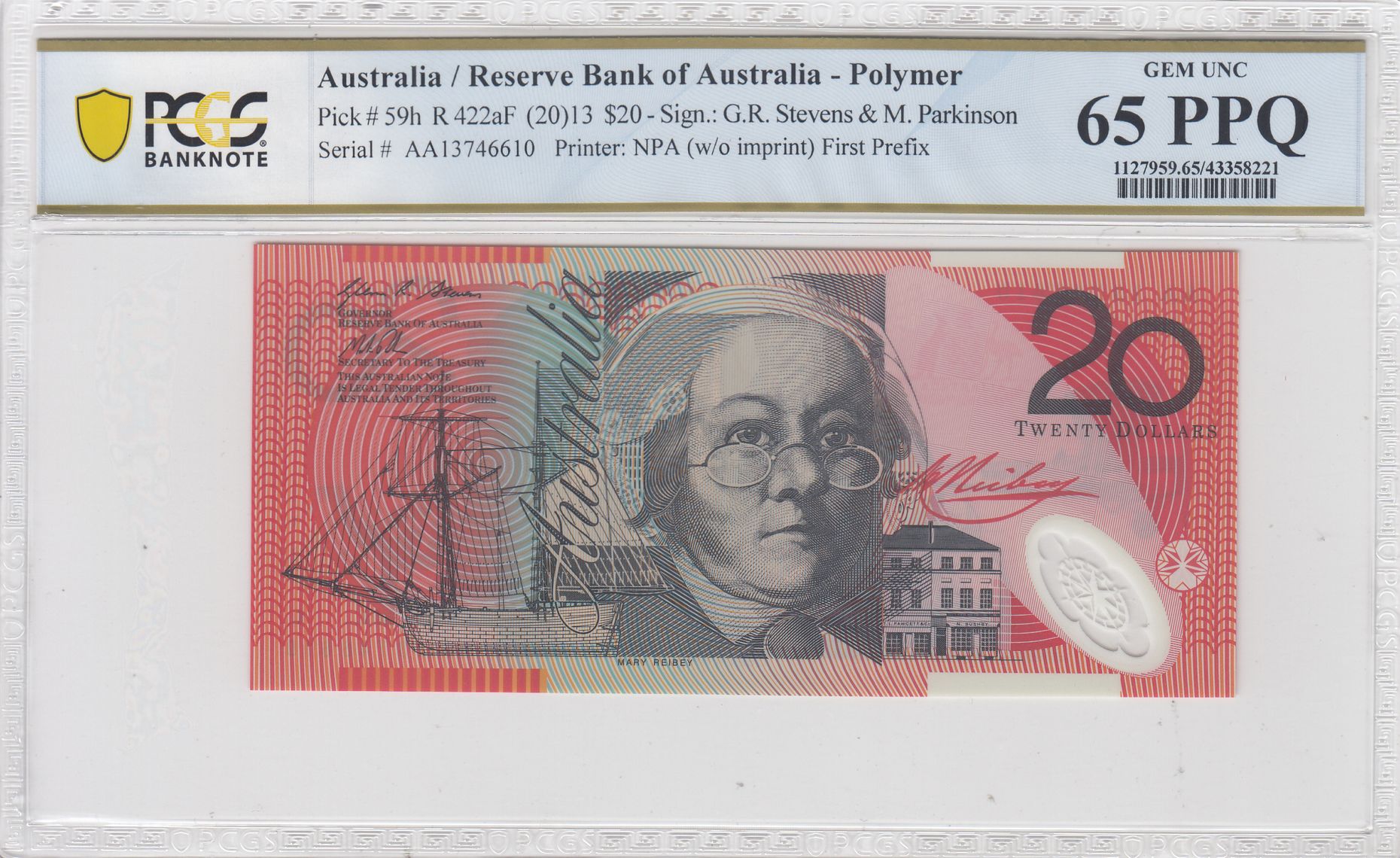 2013 $20 Stevens/Parkinson Gem Unc 65 PPQ First Prefix