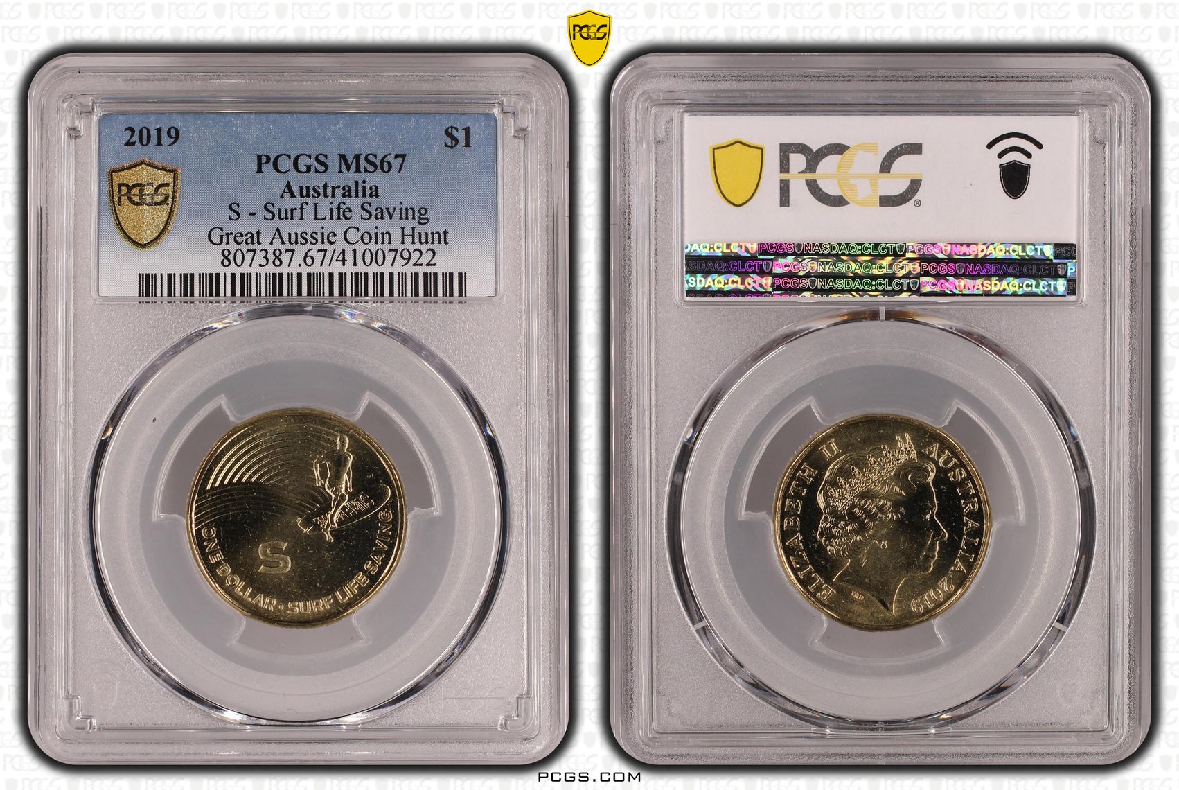 430 · 2019 Australia One Dollar, $1 S - Surf Life Saving Great Aussie Coin Hunt PCGS - MS67 -922